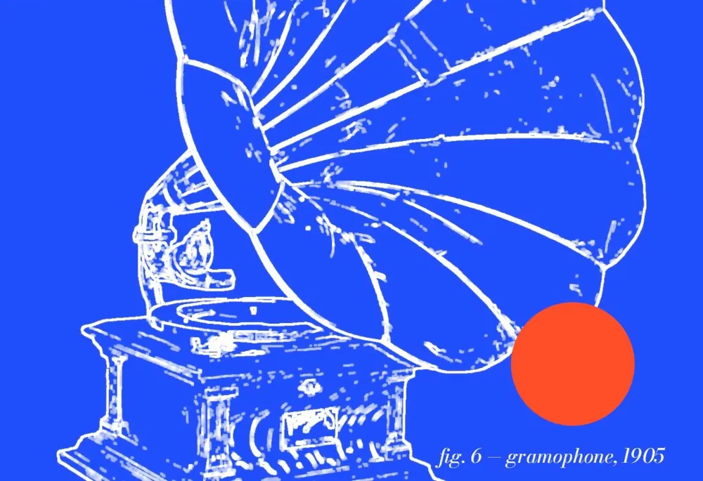 Gramophone dessiné au trait blanc sur fond bleu