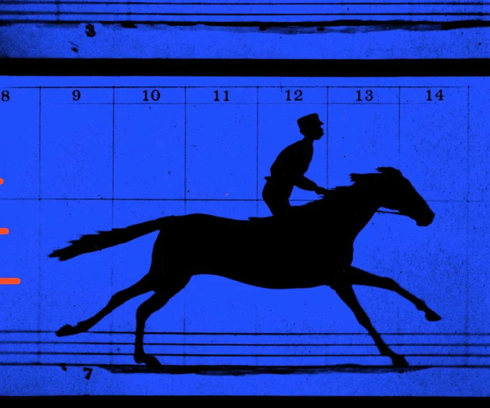Cheval au galop de Muybridge, silhouette noire sur fond bleu
